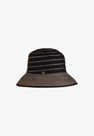 Cappello a secchiello a strisce nere realizzato in tessuto intrecciato. Presenta una visiera ampia e una superficie texturizzata con strisce argento a contrasto.