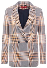 Dubbelbreasted blazer in grijs, oranje en wit ruitpatroon. Beschikt over notch-lapels, twee voorkruiken en een marineblauwe binnenvoering.