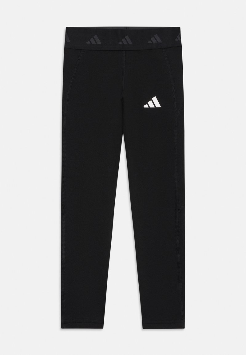 Black athletic leggings with a wide waistband featuring a repeated logo pattern. Includes a small white logo on the lower leg.