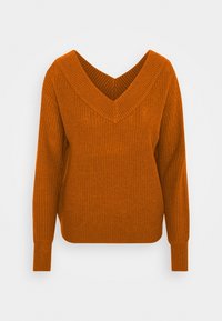 Rostfarbener gestrickter Pullover mit V-Ausschnitt, langen Ärmeln, strukturierter Rippoptik und lockerem Schnitt. Verfügt über einen tiefen Rückenausschnitt.
