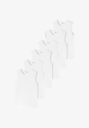 Pakka kuutta valkoista ilman hihoja puuvillapaitaa, joissa on klassinen pyöreä kaula-aukko ja sileä pinta, suunniteltu mukavuutta ja monipuolisuutta silmällä pitäen.