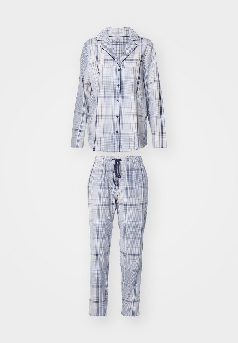 Essentials Women's Flannel Pajama Set - Long Sleeve Button Front Shirt & Pant, Beige/Dusty Blue Plaid - View #11