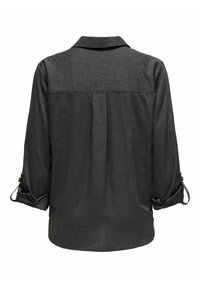 Dunkelgraues Button-Up-Hemd mit Kragen, langen Ärmeln, die mit Manschetten gerollt sind, und Rückenfalte, aus einem leichten Material gefertigt.