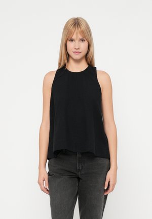 Schwarzes ärmelloses Top mit rundem Halsausschnitt, aus leichtem Stoff mit lässiger Passform. Verfügt über einfache, klare Linien und keine sichtbaren Verzierungen.