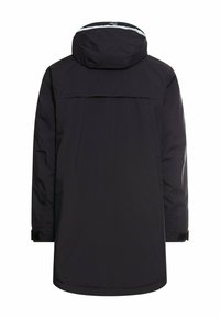 Sort vandtæt jakke med hætte, der har et bagventil, sidelommer og justerbare manchetter. Glat tekstur og minimalistisk design.