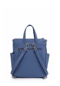 Blue vertical stripe backpack made of durable fabric. Features dual top handles, adjustable straps, front zipper pocket, and side pockets.