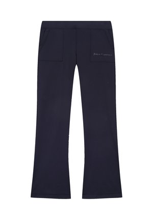 Navy yoga pants made of stretchy fabric, featuring a flared design, two front pockets, and a subtle logo detail near the waistband.