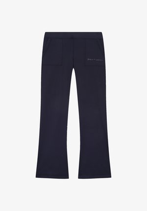 Navy Yoga-Hosen aus dehnbarem Material, mit ausgestelltem Design, zwei vorderen Taschen und einem dezenten Logodetail in der Nähe des Bundes.