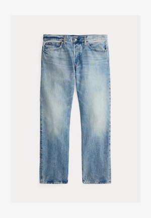 Jeans azzurri chiari sbiaditi a gamba dritta con cinque tasche e chiusura con bottoni, distesi su uno sfondo bianco.