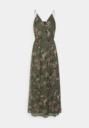 Zelené maxi šaty bez rukávů s růžovým a bílým květinovým potiskem a tenkými ramínky.