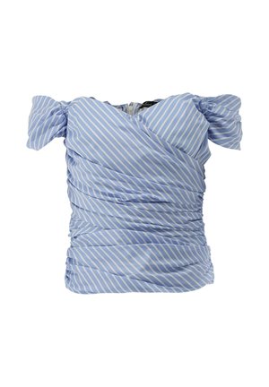 Light blue striped top with short puff sleeves, gathered texture, and a wrap design. Material appears soft and lightweight.