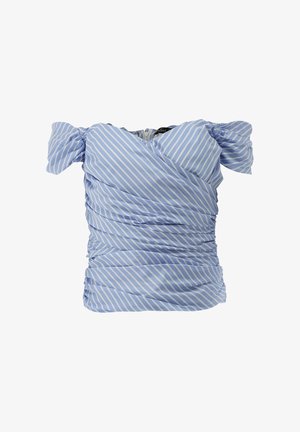 Light blue striped top with short puff sleeves, gathered texture, and a wrap design. Material appears soft and lightweight.