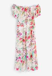 Off-the-shoulder bloemen jumpsuit met ruches mouwen, met een witte basis versierd met kleurrijke roze, oranje en groene bloemenprints.