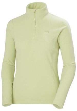 Hellgrüner Fleece-Pullover mit einem Halb-Reißverschluss-Kragen, schmaler Passform, langen Ärmeln und einem dezenten Logo auf der Brust. Weicher, strukturiert Stoff.