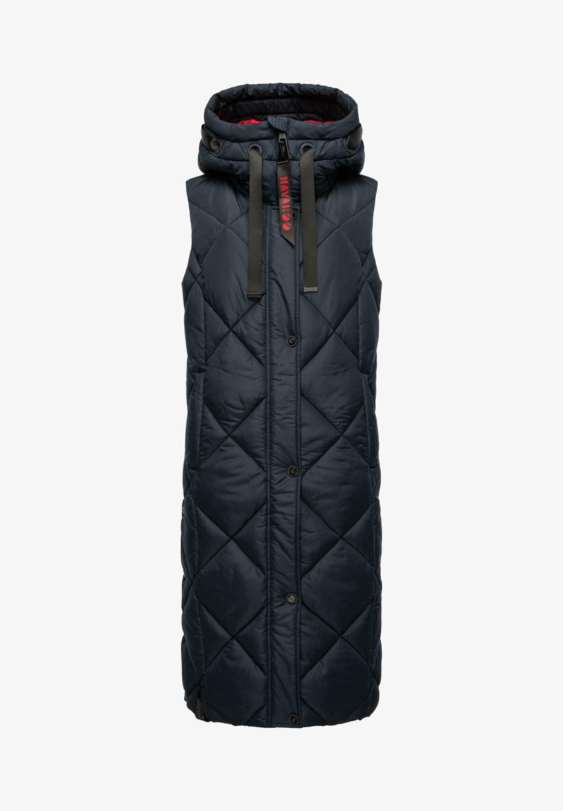 Gepolsterte, marineblaue, ärmellose Steppweste mit hohem Kragen, Vorderknopfverschluss und schwarzen Akzentriemen; verfügt über eine rote Innenauskleidung.