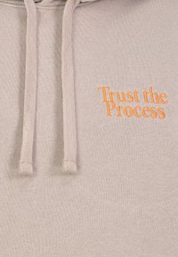 Grey hoodie featuring an orange embroidered phrase "Trust the Process." Includes drawstrings and a soft, textured fabric.