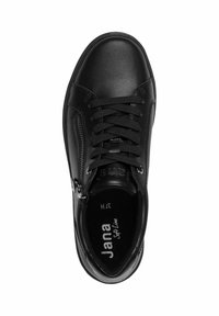 Schwarze Leder Sneaker mit gerundetem Zehenbereich, Schnürung vorne, seitlichem Reißverschluss und weicher Innenausstattung. Mit "Jana Soft Line"-Markierung auf der Innensohle.
