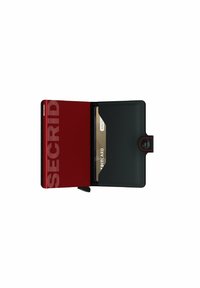 Leather wallet featuring a red interior with embossed "SECRID" text and a black exterior. Includes a card slot for a credit card.