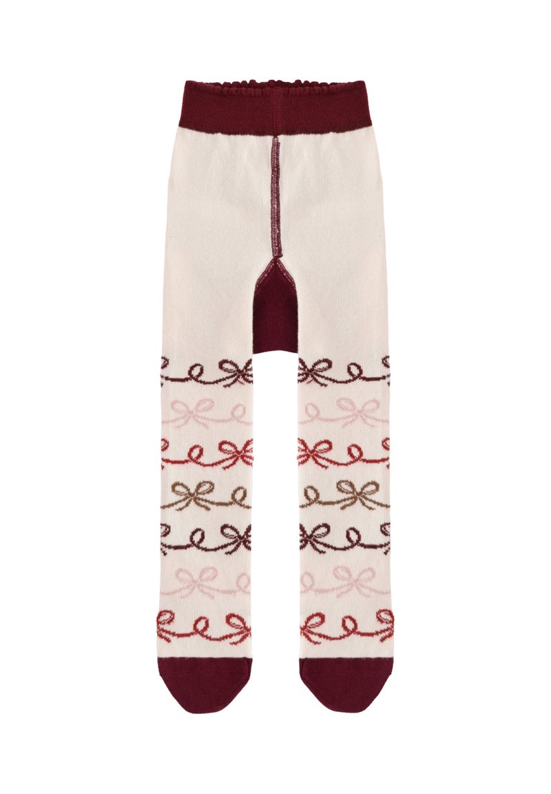 Calze al ginocchio color crema con accenti bordeaux. Presentano motivi a fiocco ripetuti in tonalità di rosso, marrone e rosa. Materiale morbido e elastico.