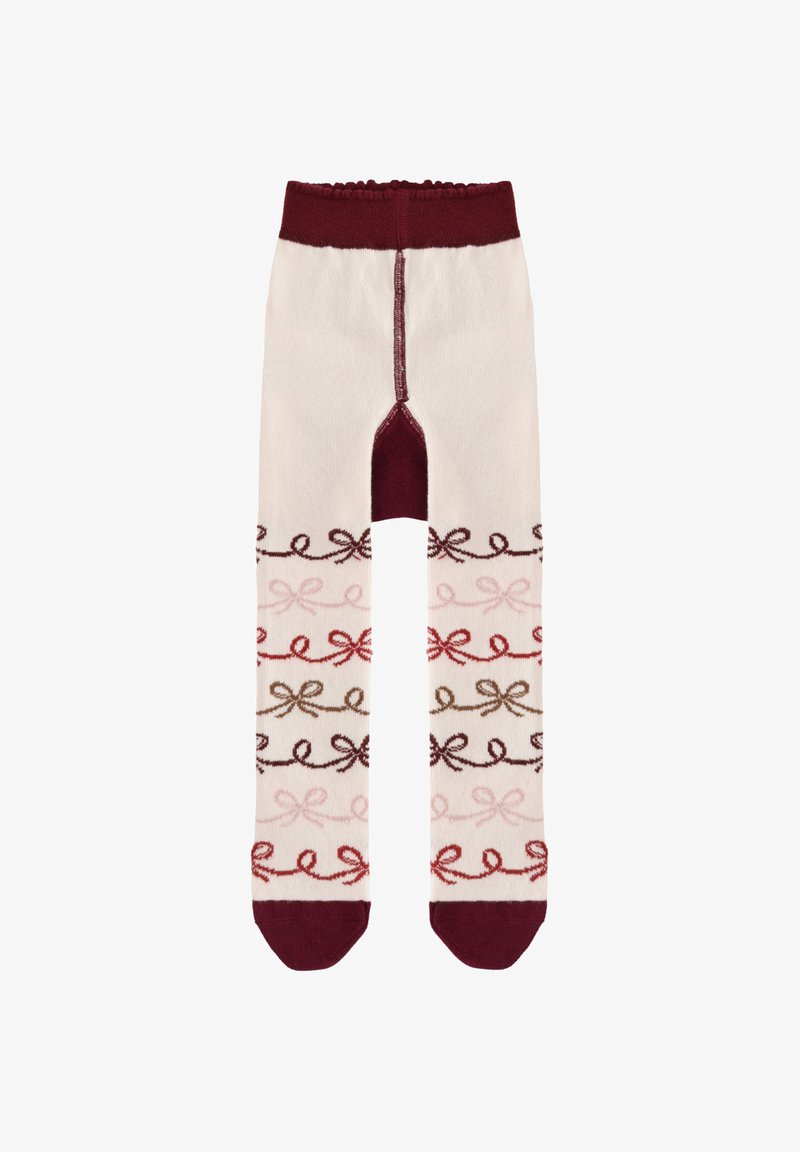 Calze al ginocchio color crema con accenti bordeaux. Presentano motivi a fiocco ripetuti in tonalità di rosso, marrone e rosa. Materiale morbido e elastico.