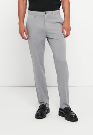 Light gray trousers made of smooth fabric, featuring a straight-leg cut, front pocket, and a single button closure at the waist.