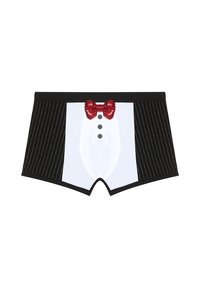 Sort og hvid boxer shorts med tuxedo-tryk, hvor frontpanelet er hvidt, der er sorte striber og en rød glitrende butterfly.