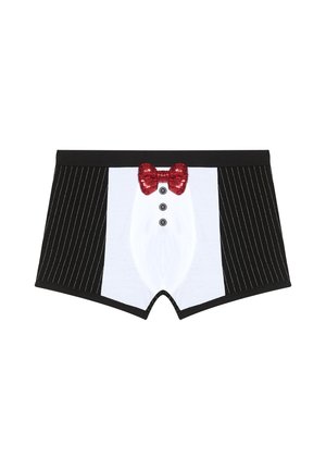 Boxers noir et blanc avec un motif de smoking, dotés d'un panneau avant blanc, de rayures noires et d'un nœud papillon en sequins rouges.