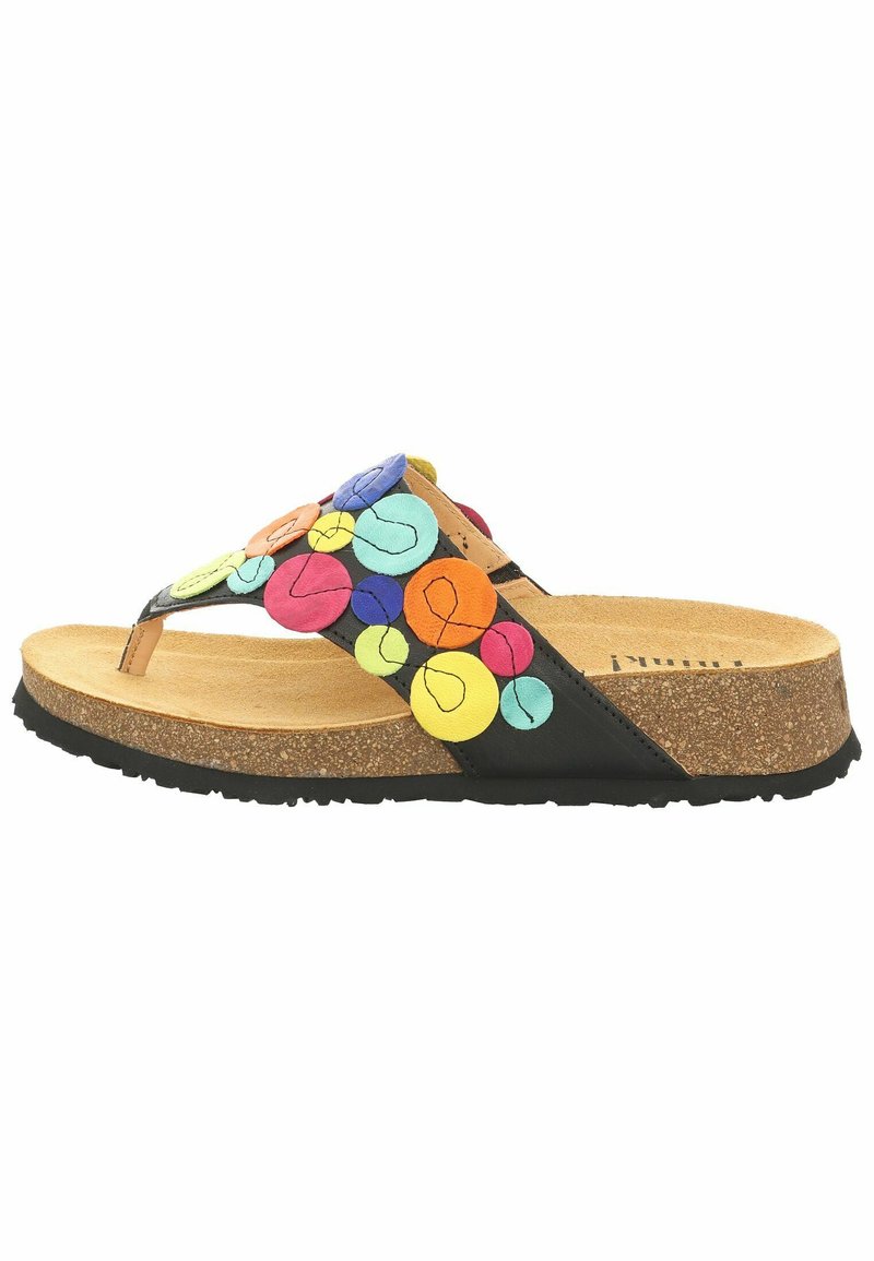 Ciabatta flip-flop con una striscia sintetica nera, decorata con applicazioni circolari multicolori, sottopiede in sughero e suola in gomma testurizzata.