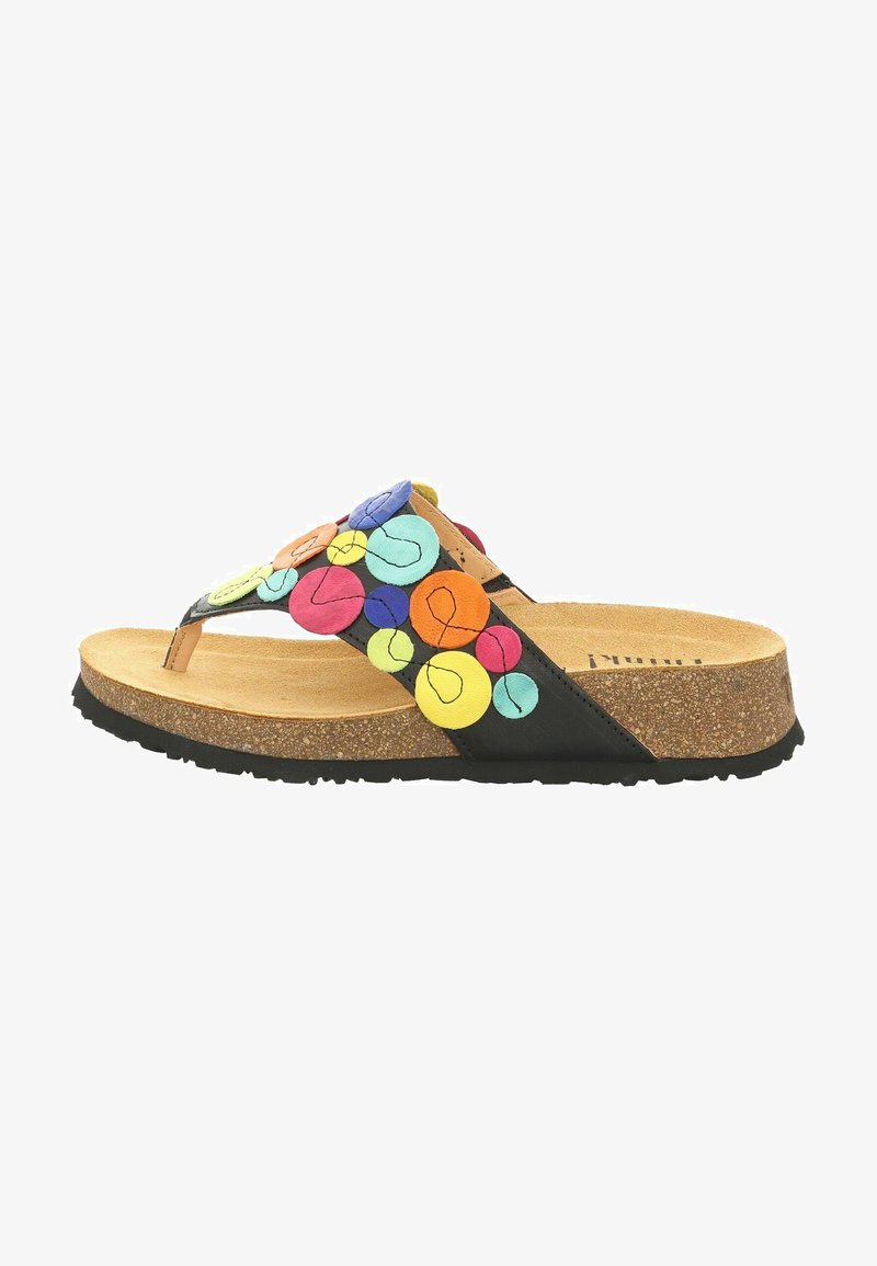 Flip-flop sandal with a black synthetic strap, adorned with multicolored circular appliqués, cork footbed, and textured rubber sole.