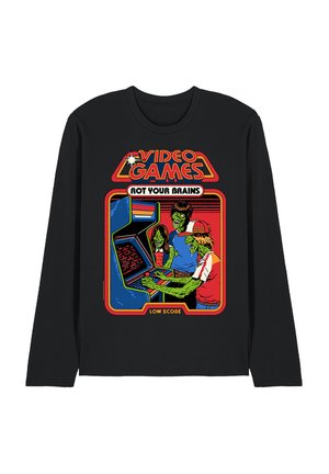 Black long-sleeve shirt with graphic of three green zombie-like people playing an arcade video game, text "Video Games rot your brains low score."
