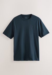 Maglietta tinta unita blu scuro a maniche corte con scollo rotondo e piccolo logo ricamato sul petto sinistro.