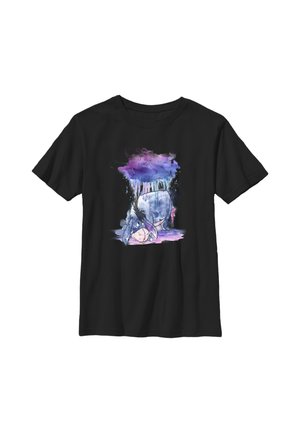 Sort T-shirt med farverigt akvarel-tryk af en trist æsel under en dryppende lilla sky.