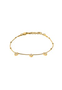 Złota bransoletka z trzema sercami z przezroczystymi kamieniami, teksturowanym łańcuchem i bezpiecznym zapięciem.