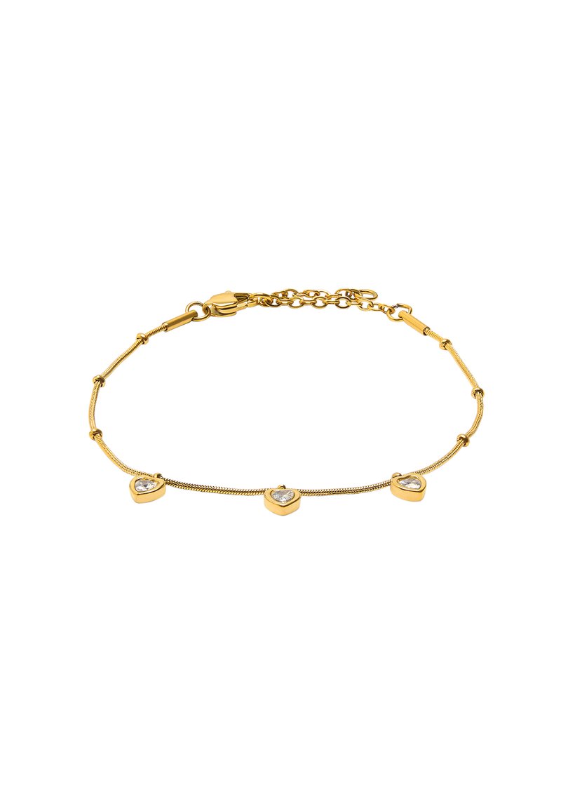 Złota bransoletka z trzema sercami z przezroczystymi kamieniami, teksturowanym łańcuchem i bezpiecznym zapięciem.