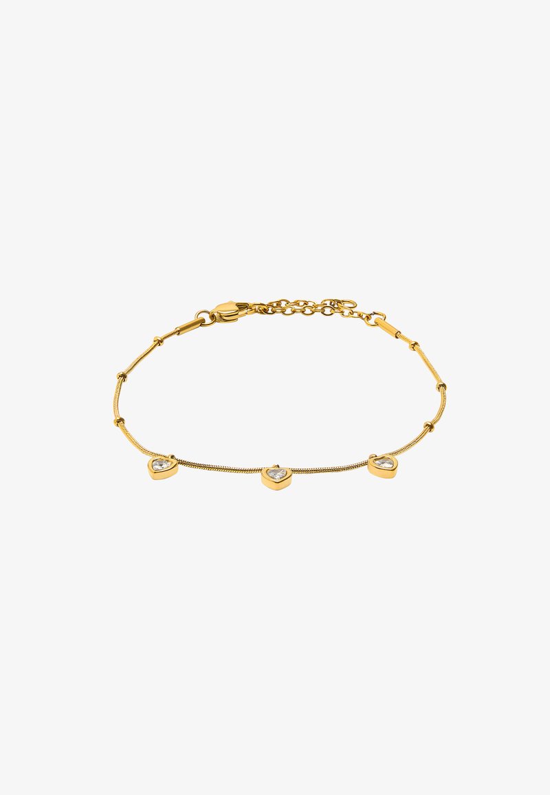 Złota bransoletka z trzema sercami z przezroczystymi kamieniami, teksturowanym łańcuchem i bezpiecznym zapięciem.