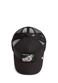 Cappellino da camionista nero con retro in rete, fronte strutturato e patch ricamato "LONE WOLF" che presenta un lupo che ulula. Design con visiera piatta.