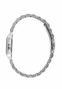 Orologio in metallo argento con quadrante rettangolare arrotondato, cinturino testurizzato con anelli ovali e corona laterale per la regolazione.