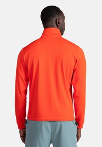 Lys orange pullover jakke med høj krave, lange ærmer, glat tekstur og minimalistisk design. Bagfra, ingen synlige logoer eller detaljer.
