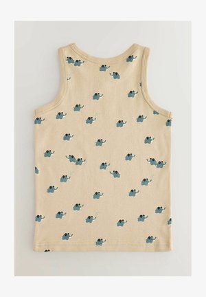 Beige tank top featuring a repeated pattern of small blue elephants with black ears, set against a smooth, soft cotton texture.
