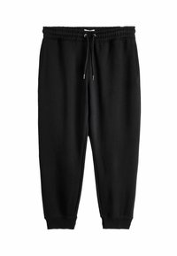 Pantalones de chándal negros hechos de una tela suave, con una cintura elástica con cordones y puños acanalados en los tobillos.