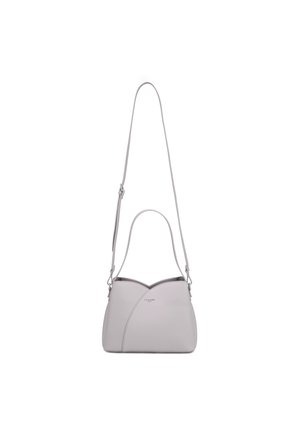 Borsa in pelle grigio chiaro con cuciture curve, manico corto e tracolla lunga regolabile, mostrata su sfondo bianco.