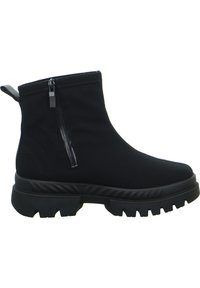 Bottines noires en tissu avec une fermeture éclair sur le côté, semelle en caoutchouc épaisse et semelle texturée pour une traction. Comprend une petite languette.