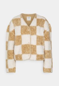 Faux fur-jacka med rutmönster i krämfärg och ljusbrun, med rund halsringning och tryckknappsstängning. Mjuk textur.