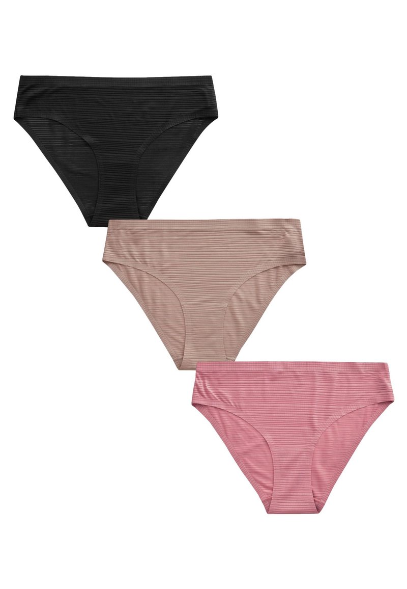 Trei perechi de chiloți pentru femei: negri, bej și roz. Fiecare are o textură nervurată și un design cu talie înaltă pentru confort.