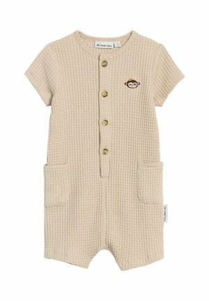 Beige, short-sleeve romper with a textured waffle pattern, featuring a button front, two pockets, and a small monkey embroidery detail.