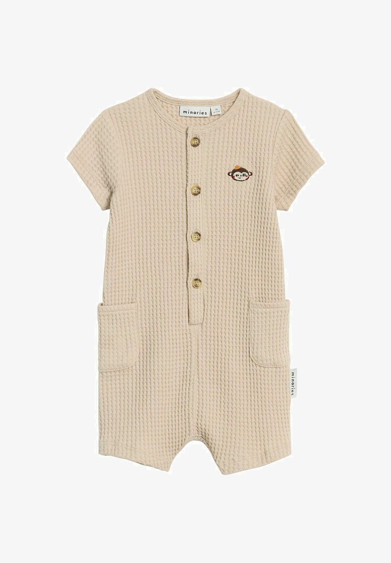 Beige, kurzärmeliger Overall mit einem strukturierten Waffelmuster, ausgestattet mit einer Knopfleiste, zwei Taschen und einem kleinen gestickten Affenmotiv.
