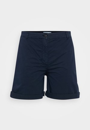 Shorts bleu marine en coton, avec un ourlet roulé, fermeture à bouton et un design à plat sans motifs ni accents visibles.