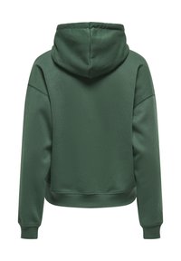 Sweat à capuche vert foncé vu de dos avec manches longues et poignets et ourlet côtelés.