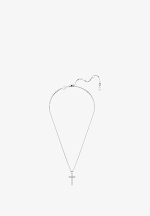 Silverkedja med ett texturerat korshängsmycke med små klara accenter; inkluderar en lås och en kedja med justerbar längd.