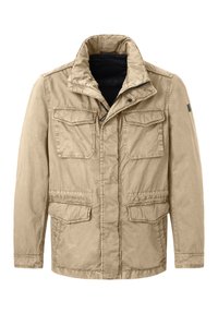 Beige jacket with a high collar, four front pockets, and zipper closure. Textured fabric with visible stitching details.